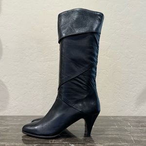 Vintage Joseph Black Leather 80s Style Fold Over Kitten Heel Boots